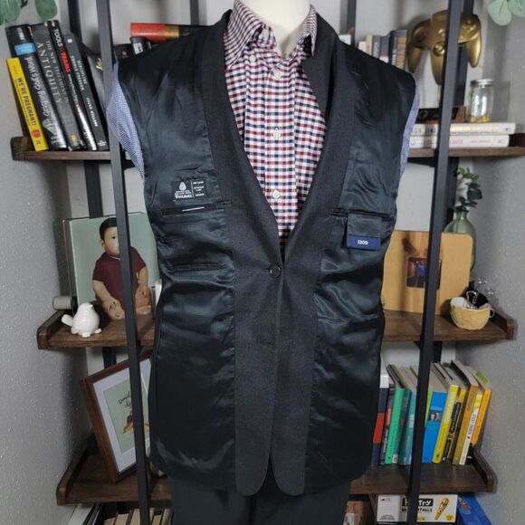 Izod Men's 2PC Sport Coat & Pant Charcoal Black Flannel Wool 40R 34x28 Pleated - Picture 13 of 16